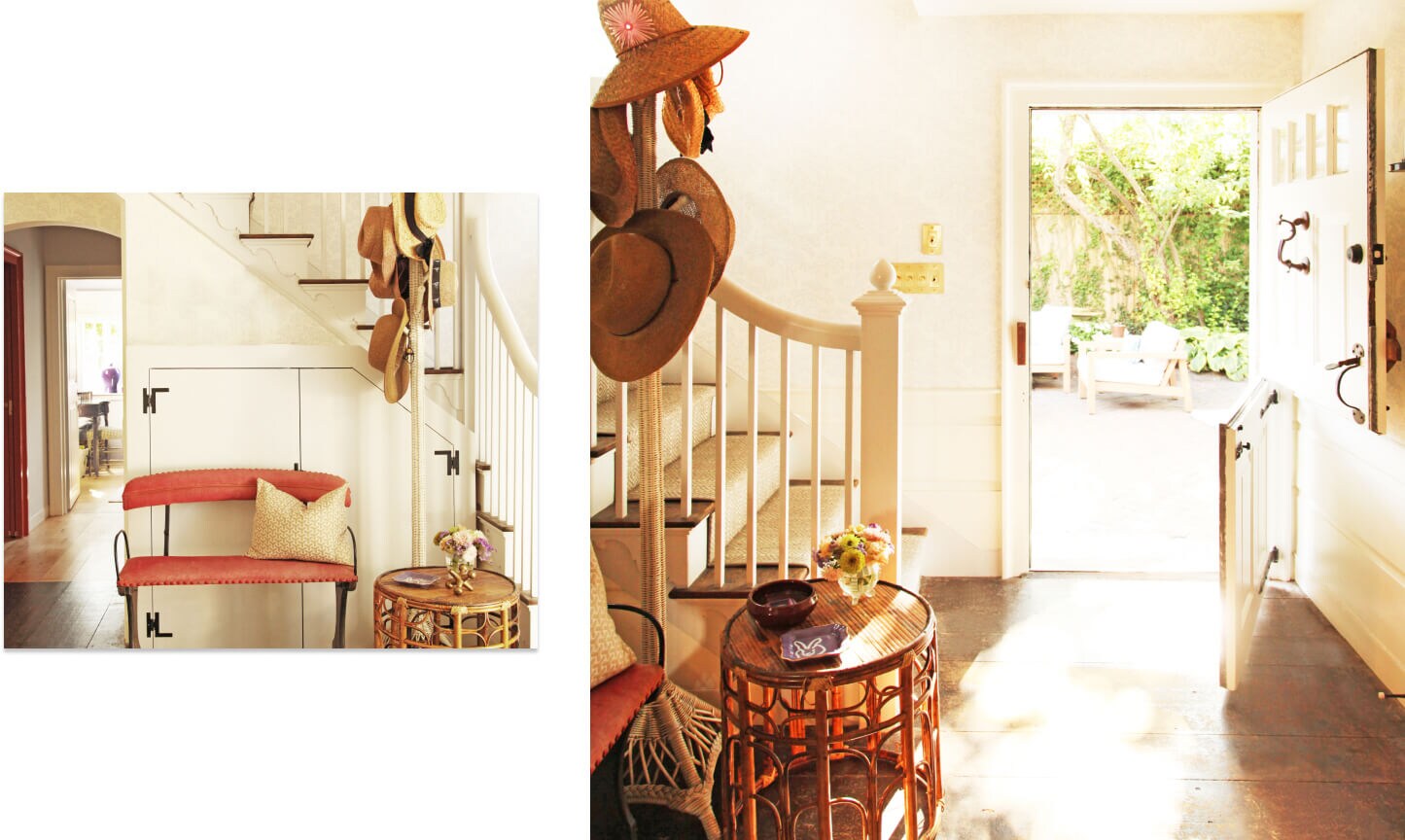 A two image collage, the first showing the antique bench under the stairs, with a hat rack and wooden table and the second showing the garden foyer, with the door open to show the gardens. 