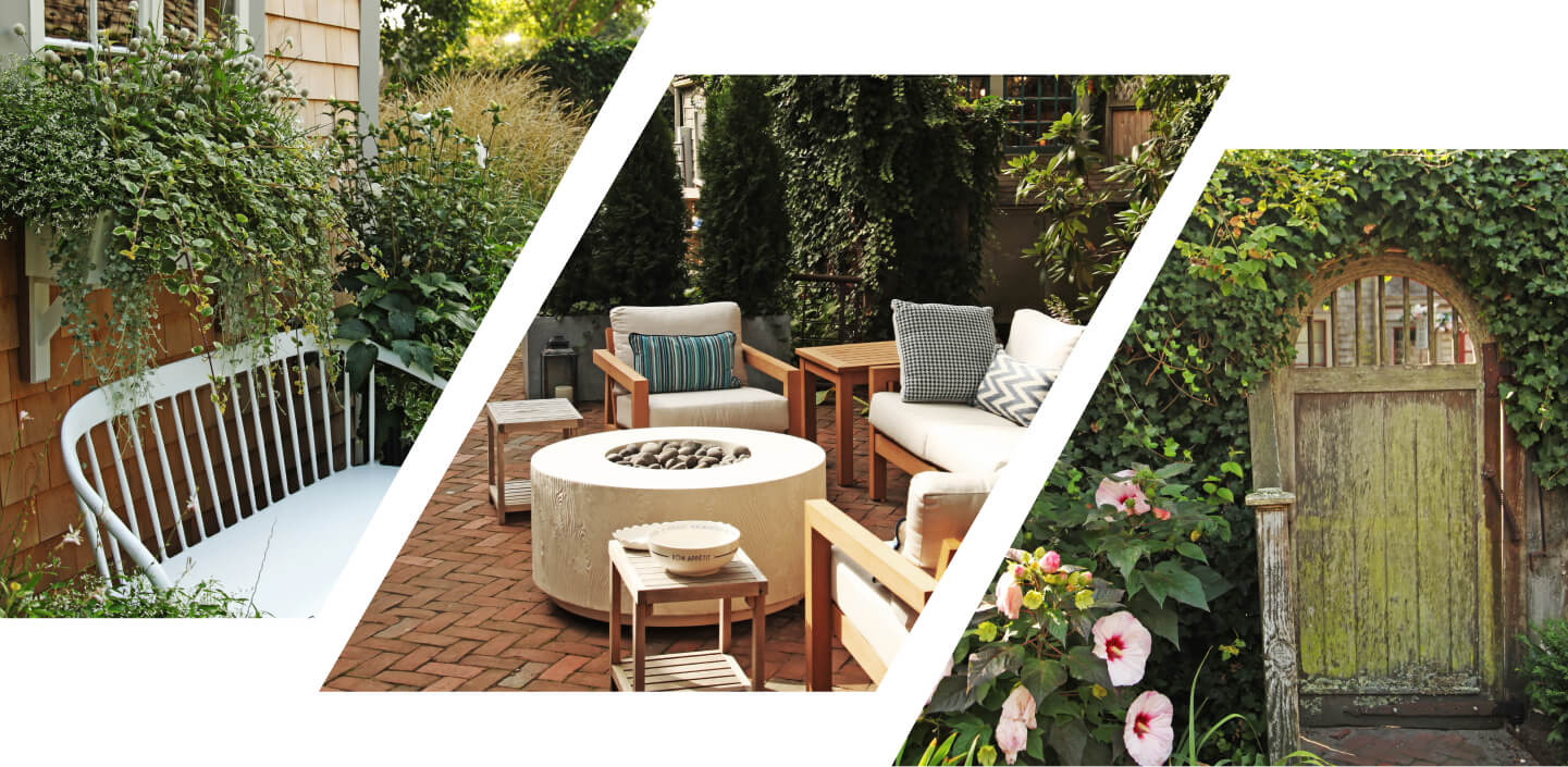 A collage of three images, the first showing a bench and foliage in the gardens, the second showing furniture and a stone firepit in the gardens, and the third showing a gate in the garden, with flowers and foliage surrounding it. 