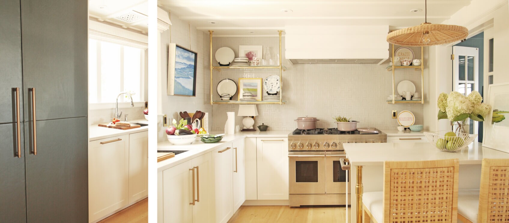 The kitchen, showing the island, a gas range and vent hood. 