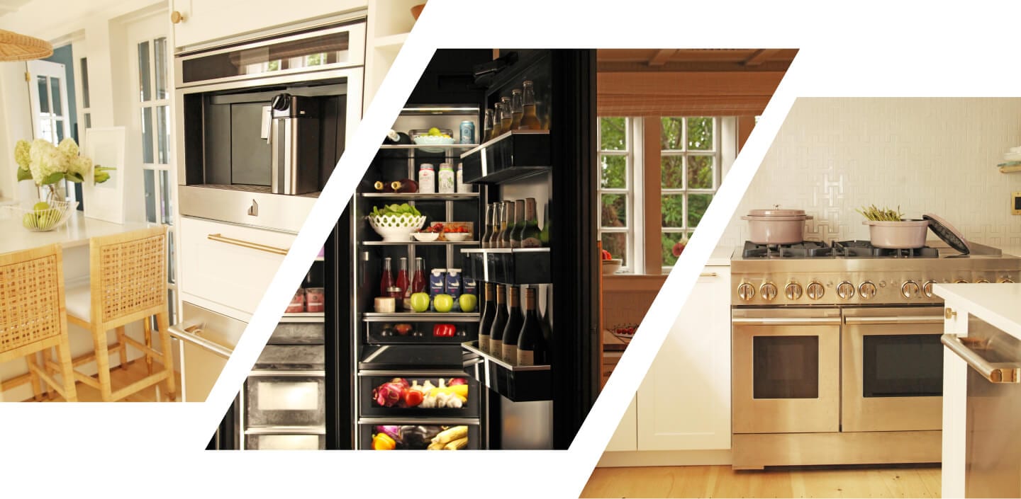 A collage of three images, with the first showing the JennAir® built-in coffee system installed, the second showing the interior of a JennAir® column refrigerator and the third showing a professional-style gas range in the RISE™ Design Expression. 