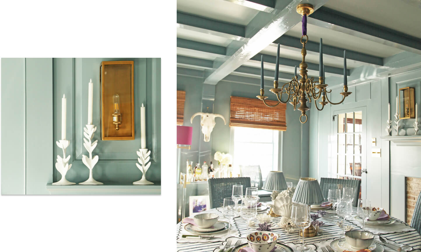 A collage of two images, the first showing the design details in the dining room and the second showing the dining room, with the table fully set and teal walls. 