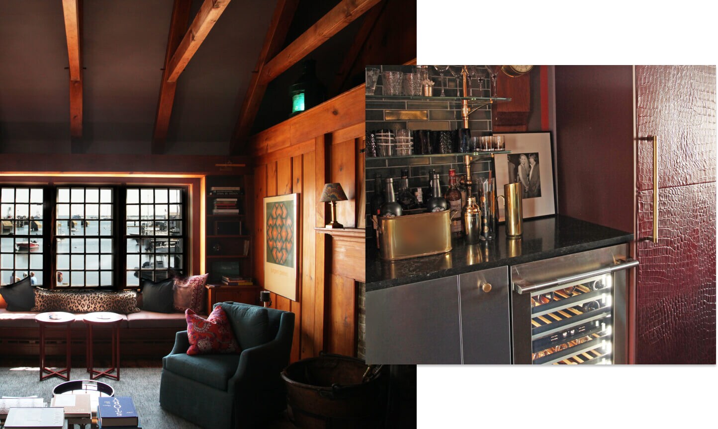 A collage of two images, the first showing the great room and the second showing the wet bar in the great room, with a JennAir® undercounter refrigerator and a column refrigerator with a custom leather panel in Croc. 