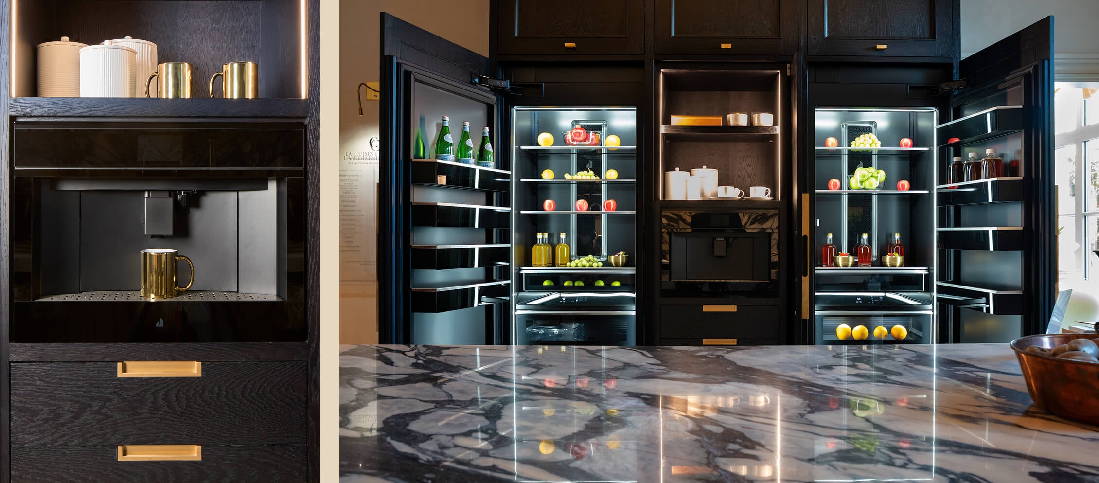 A two image collage of an installed JennAir® Coffee System and the open JennAir® Column Refrigerator and Freezer in the Kips Bay Dallas Show Home
