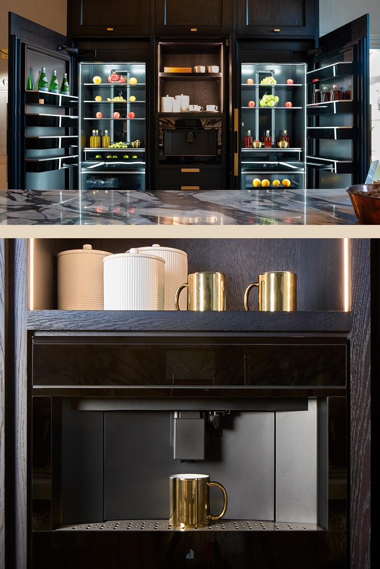 A two image collage of an installed JennAir® Coffee System and the open JennAir® Column Refrigerator and Freezer in the Kips Bay Dallas Show Home