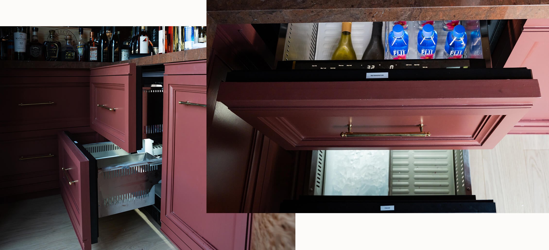 A two image collage of the open JennAir® Double Drawer Refrigerator and Freezer