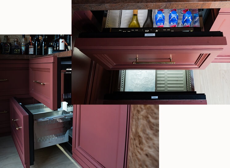 A two image collage of the open JennAir® Double Drawer Refrigerator and Freezer