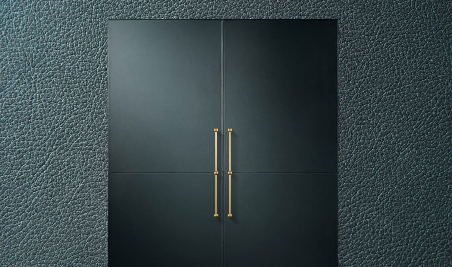 A pair of JennAir® Columns fitted with Mystic Cuts Leather Panels and custom handles on a background of the leather’s texture.