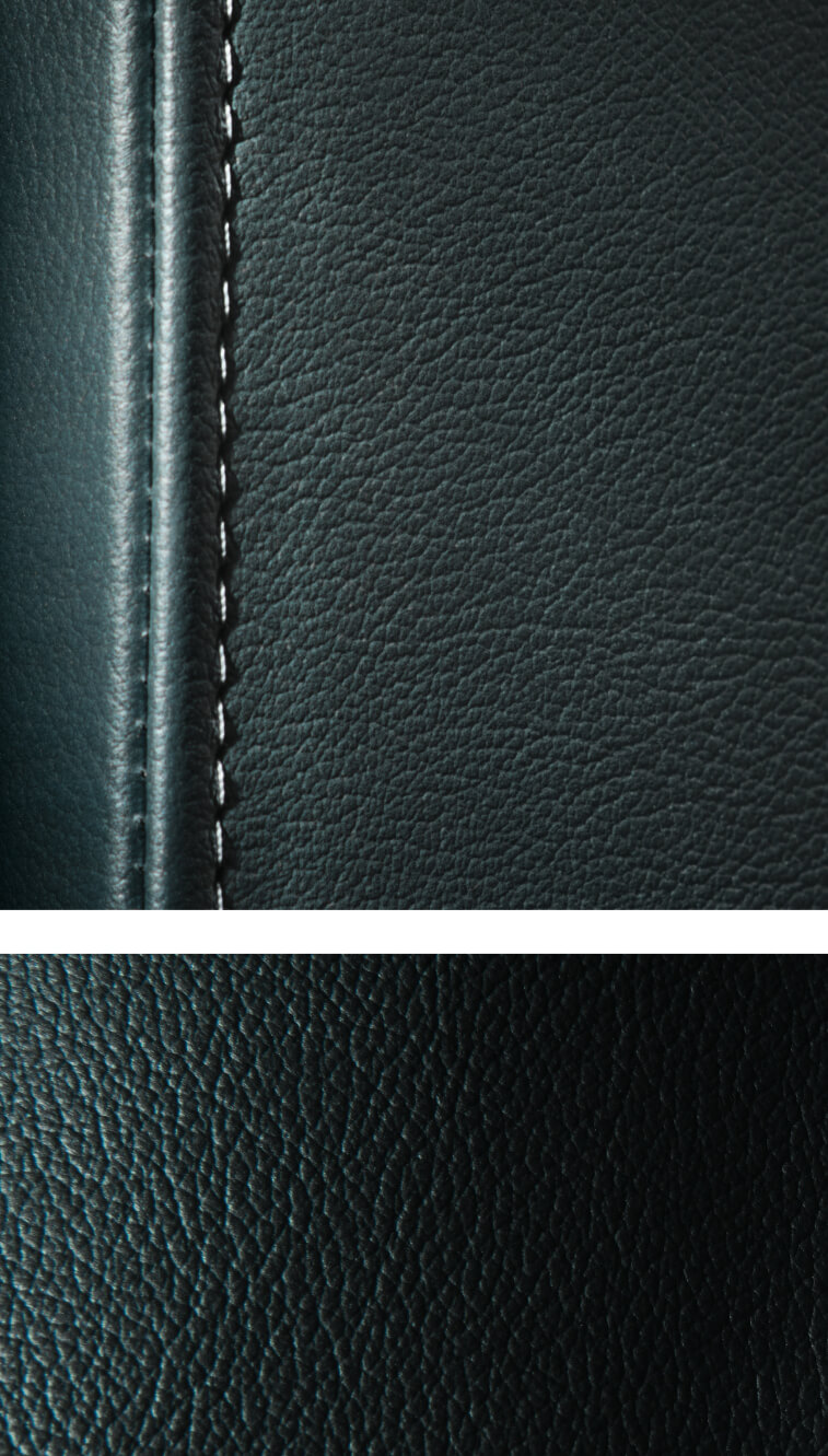 A pair of close-up images of the Mystic Leather Panel’s texture. A pair of close-up images of the Mystic Leather Panel’s texture.