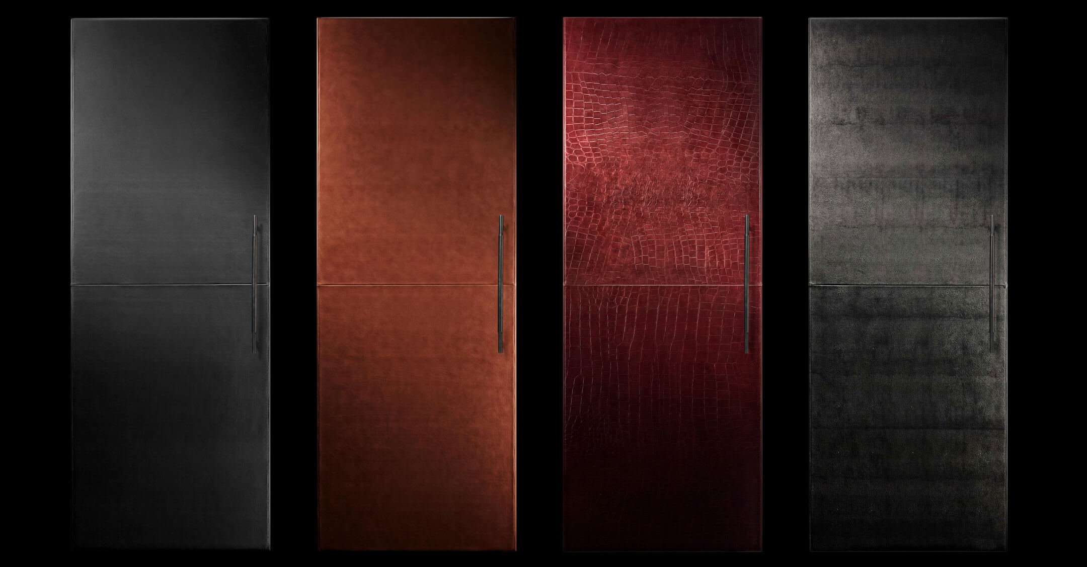 The four original colors of Cuts Leather Panels: Carbon, Cognac, Croc and Caviar, from left to right. The four original colors of Cuts Leather Panels: Carbon, Cognac, Croc and Caviar, from left to right.