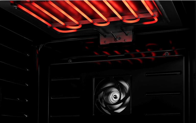 The interior of an operating JennAir Wall Oven. 