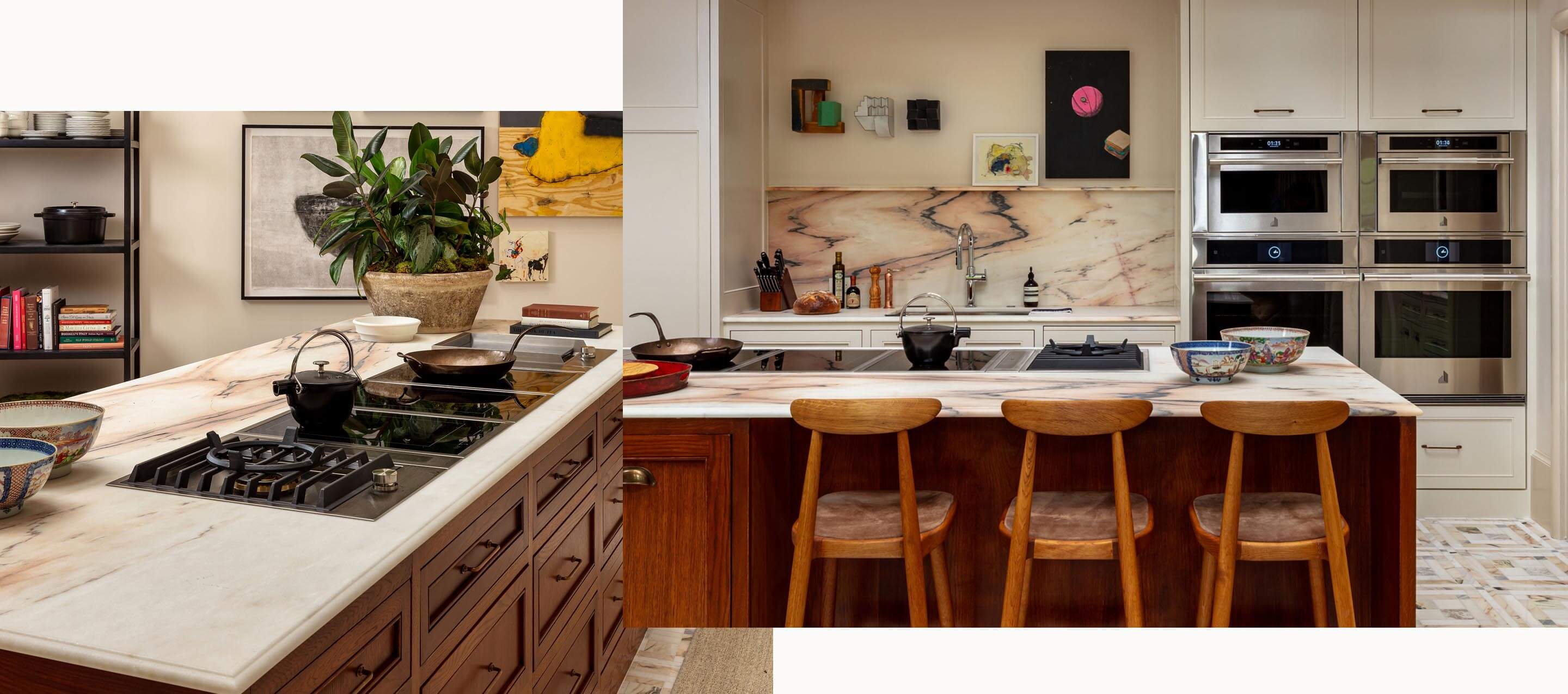 A modern kitchen with custom induction cooktops and two wall ovens
