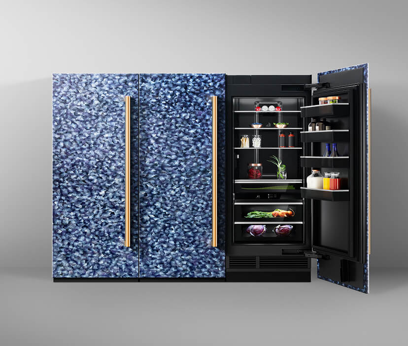 A JennAir® Column Refrigerator with blue mussel shell custom panels