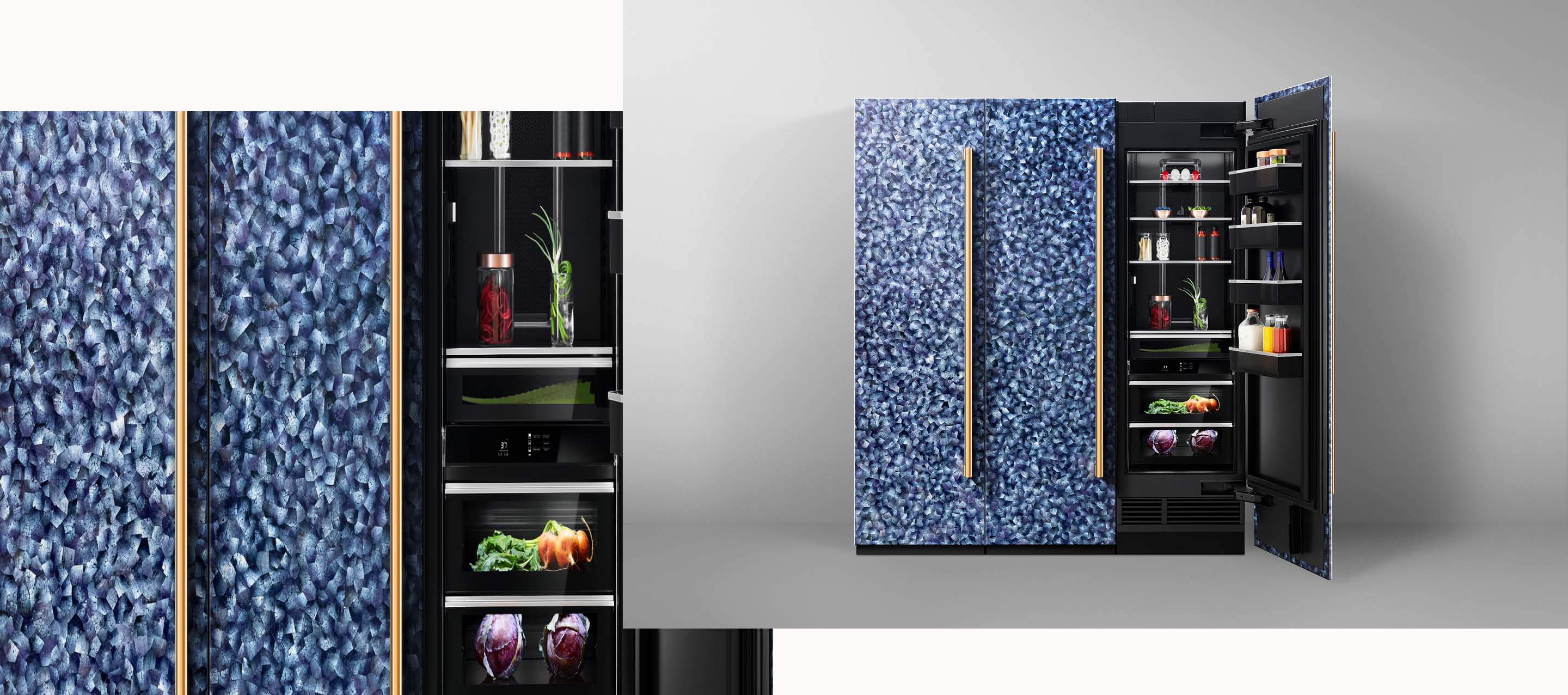 A JennAir® Column Refrigerator with blue mussel shell custom panels