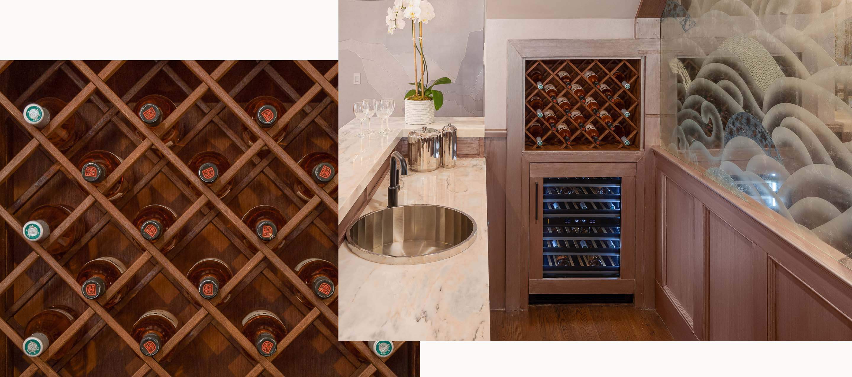 A luxury built-in coffee bar and beverage station in an upscale open kitchen