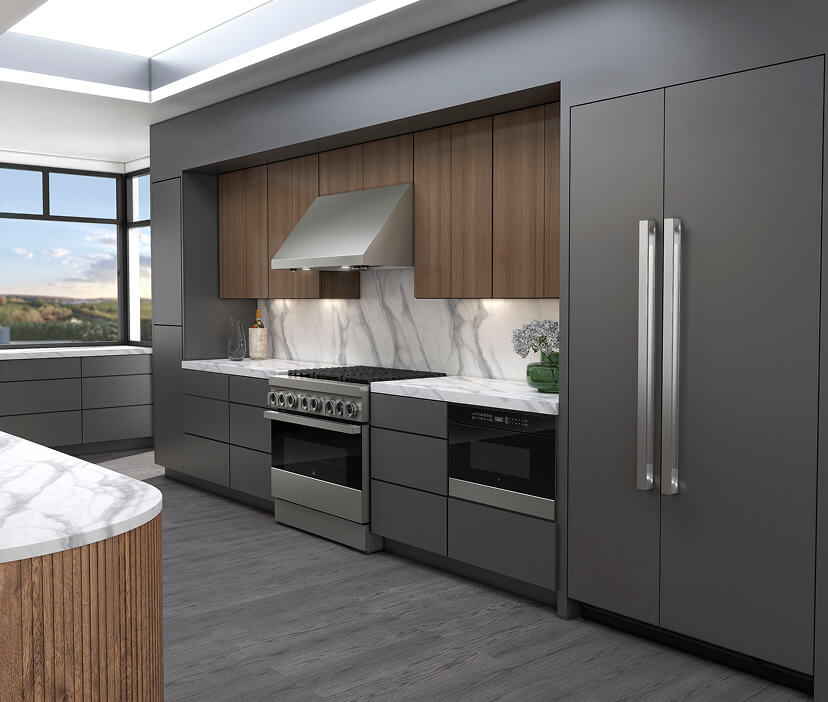 A panel-ready refrigerator and dishwasher blend seamlessly with cabinetry in a modern kitchen.