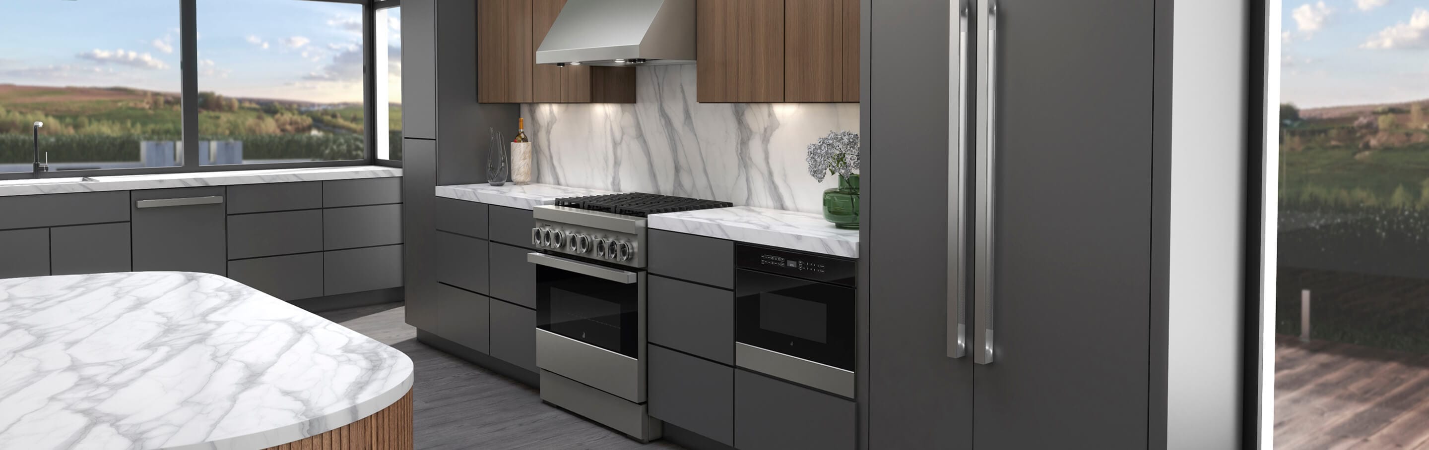 A panel-ready refrigerator and dishwasher blend seamlessly with cabinetry in a modern kitchen.