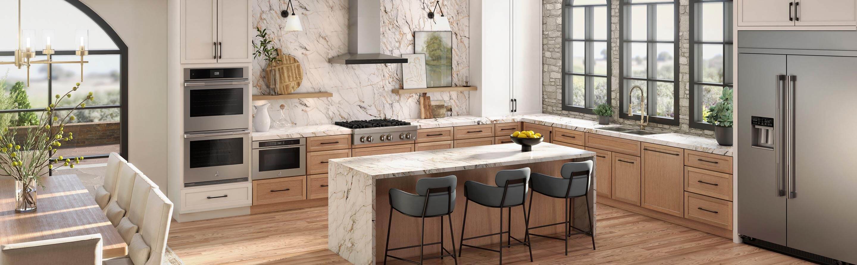 A modern open kitchen with luxury appliances designed for entertaining