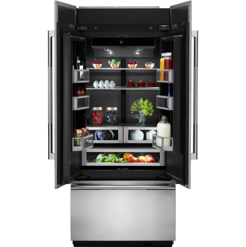 A fully stocked JennAir built-in refrigerator.