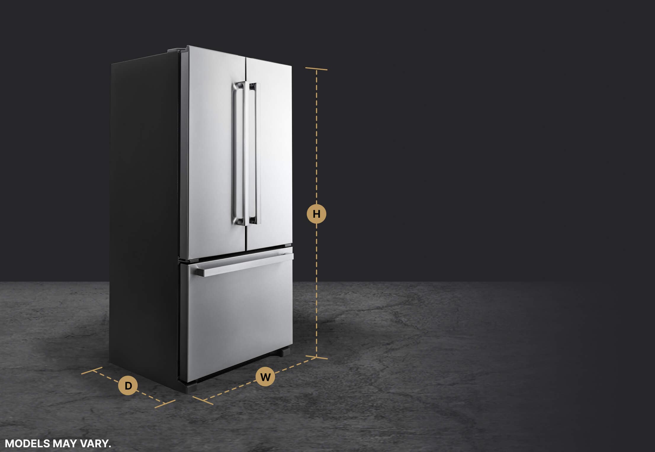 A standard size refrigerator with width, height and depth measurements.
