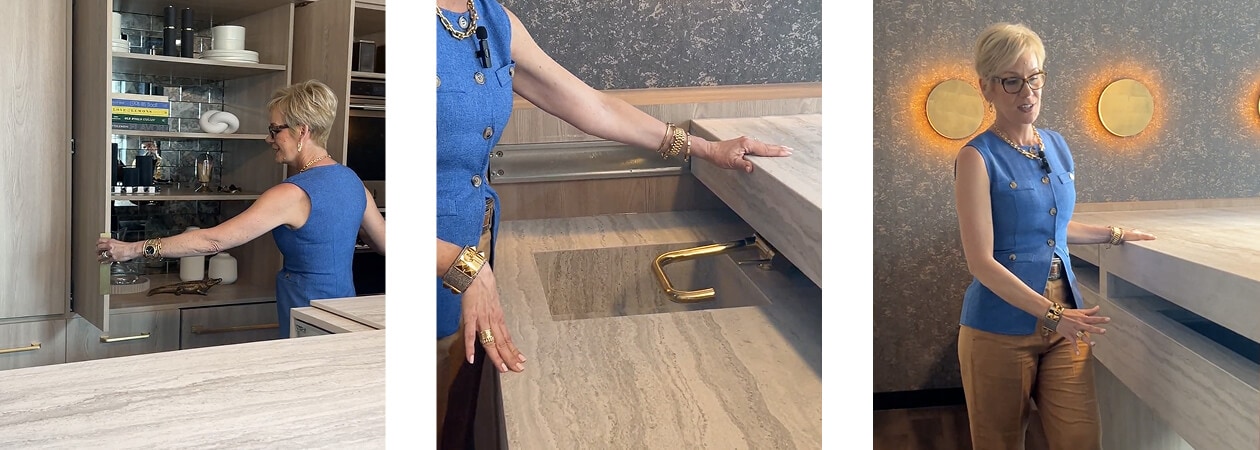 A trio of images of Kerrie Kelly in a hidden kitchen