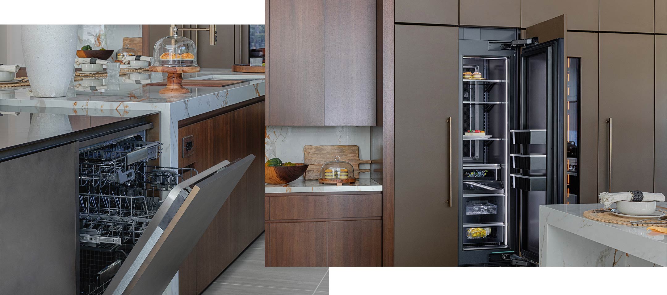 A collage of two images of hidden, panel-ready appliances