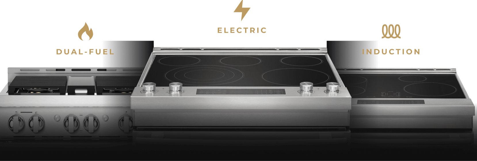 A collage of a JennAir gas, electric and induction range.  A collage of a JennAir gas, electric and induction range.