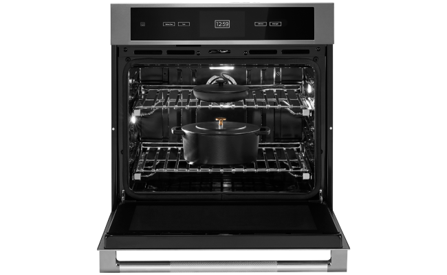  Cookware inside an open JennAir Wall Oven. 