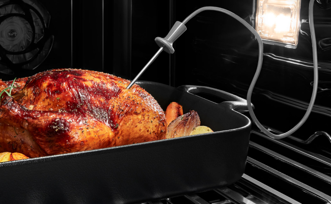 The Connected Temperature Probe placed in a roasting turkey withinin a JennAir Wall Oven.  The Connected Temperature Probe placed in a roasting turkey withinin a JennAir Wall Oven.