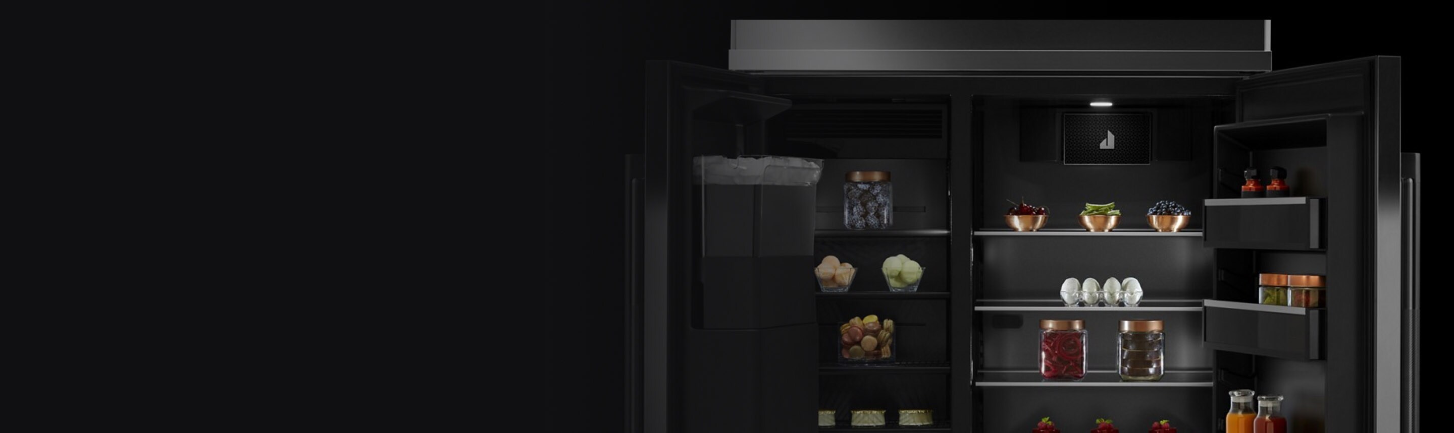 Open French door refrigerator filled with ingredients