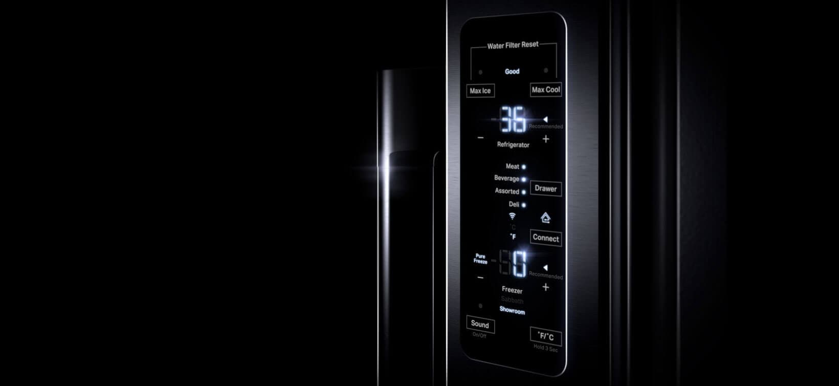 The control panel in a JennAir freestanding refrigerator. 