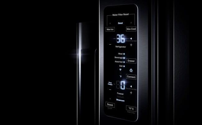 The control panel in a JennAir freestanding refrigerator. 