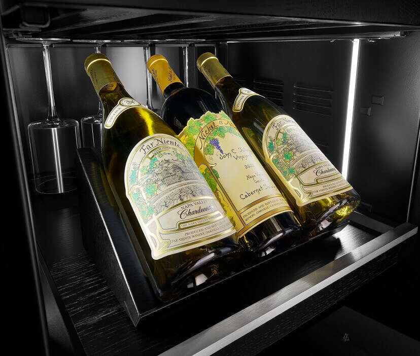 Interior of JennAir® Wine Column with illuminated bottles and Obsidian finish