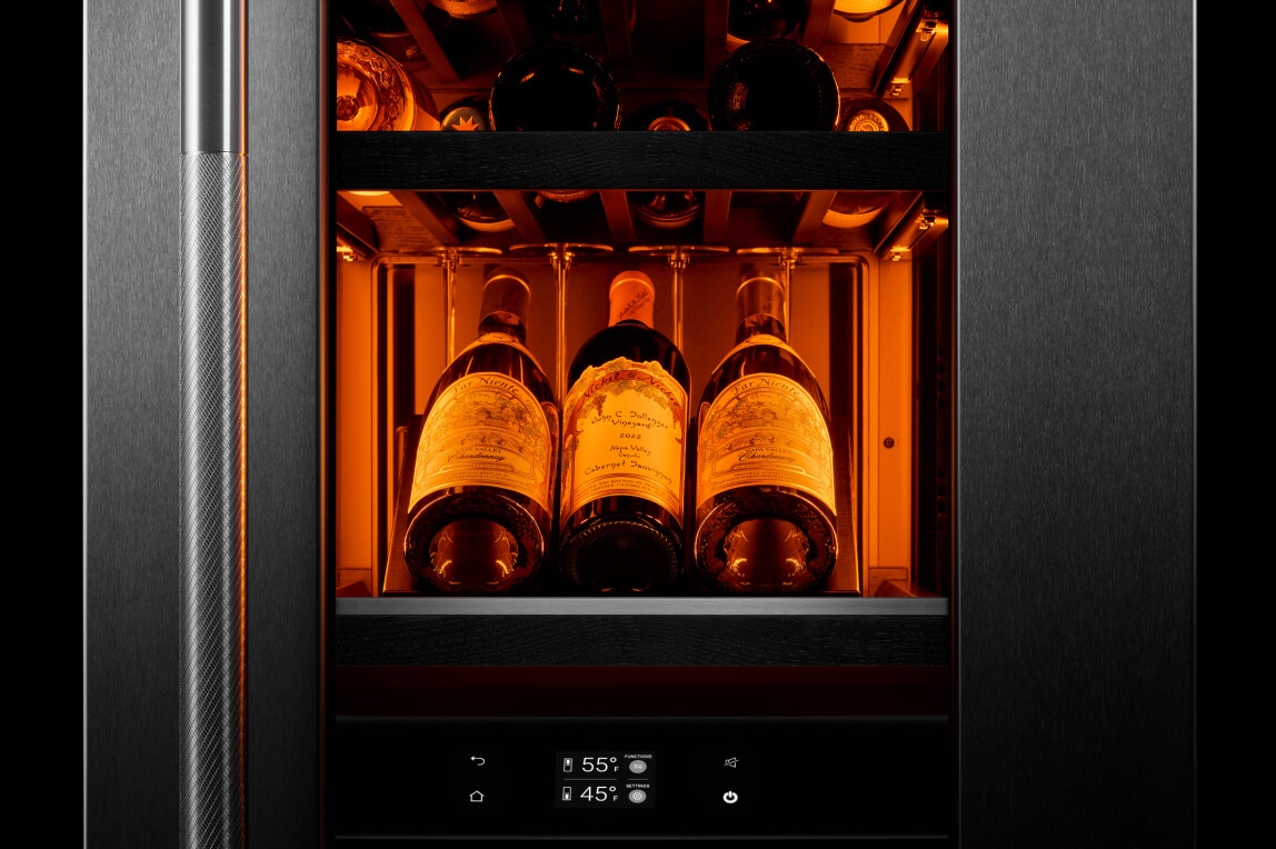 A JennAir® Wine Column Refrigerator with advanced UV light barrier glass.