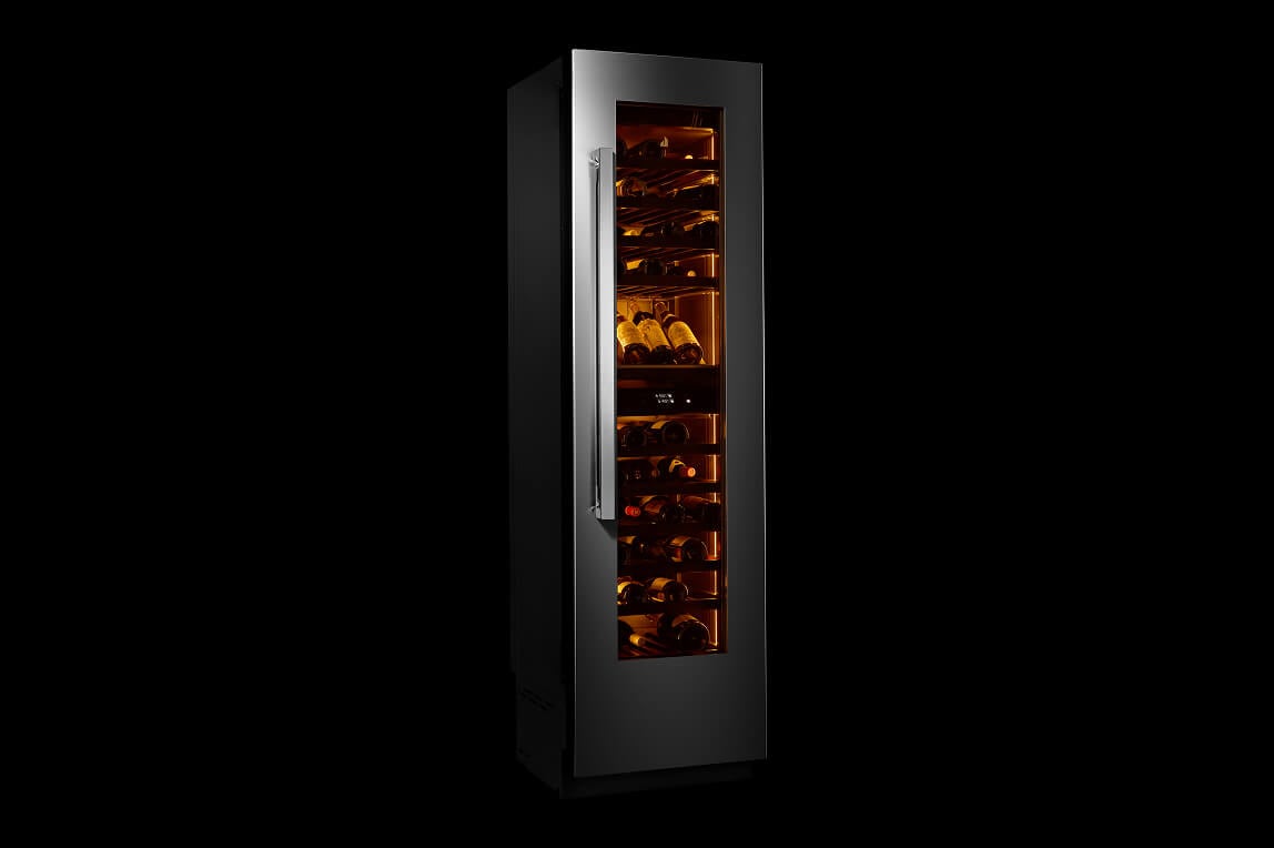 A JennAir® Wine Column Refrigerator filled with bottles of wine.