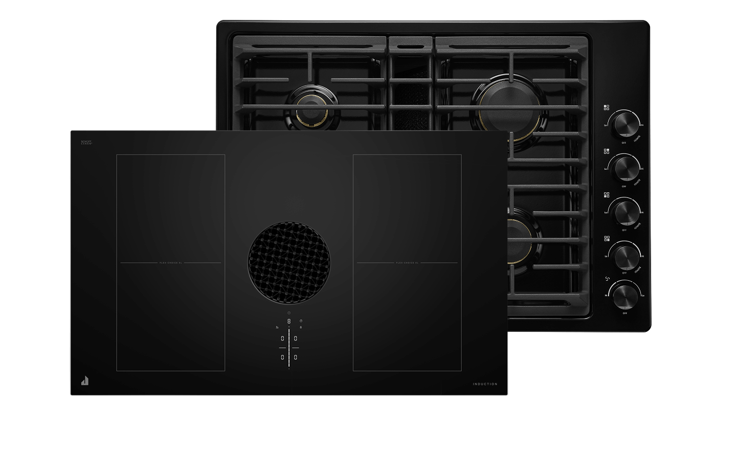 A JennAir® Oblivion Induction Cooktop and a JennAir® Oblivion Gas Cooktop. A JennAir® Oblivion Induction Cooktop and a JennAir® Oblivion Gas Cooktop.