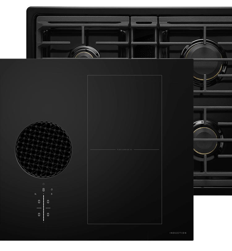 A JennAir® Oblivion Induction Cooktop and a JennAir® Oblivion Gas Cooktop. A JennAir® Oblivion Induction Cooktop and a JennAir® Oblivion Gas Cooktop.