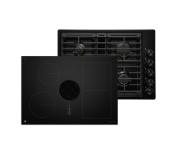 An induction cooktop and a gas cooktop with black glass. An induction cooktop and a gas cooktop with black glass.