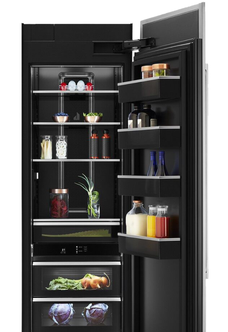 An open Column Refrigerator, propped with fine foods, luxury ingredients and high-end dishware. 