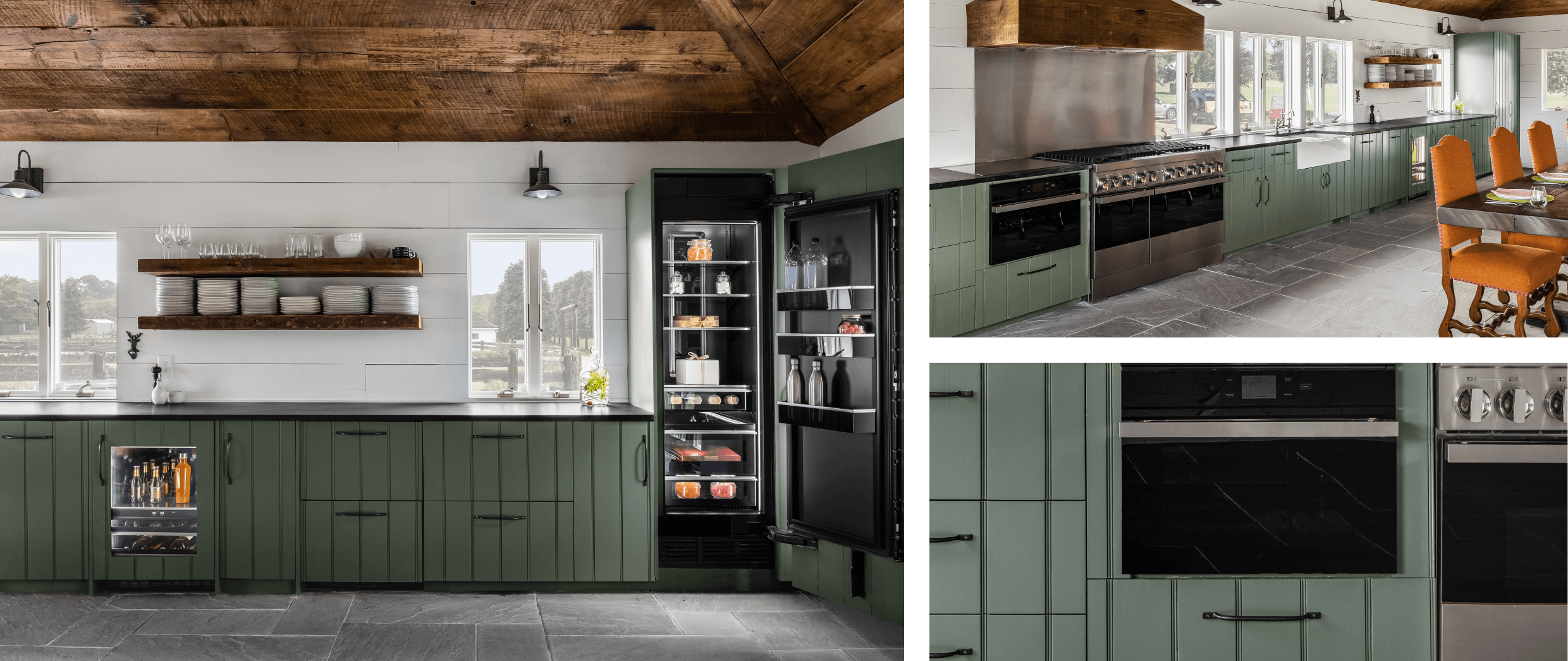 A collage of images including a view of the main bank of cabinets, featuring a panel-ready beverage center and a column refrigerator; another view of the kitchen, featuring a wall oven and range; a close up view of a wall oven.