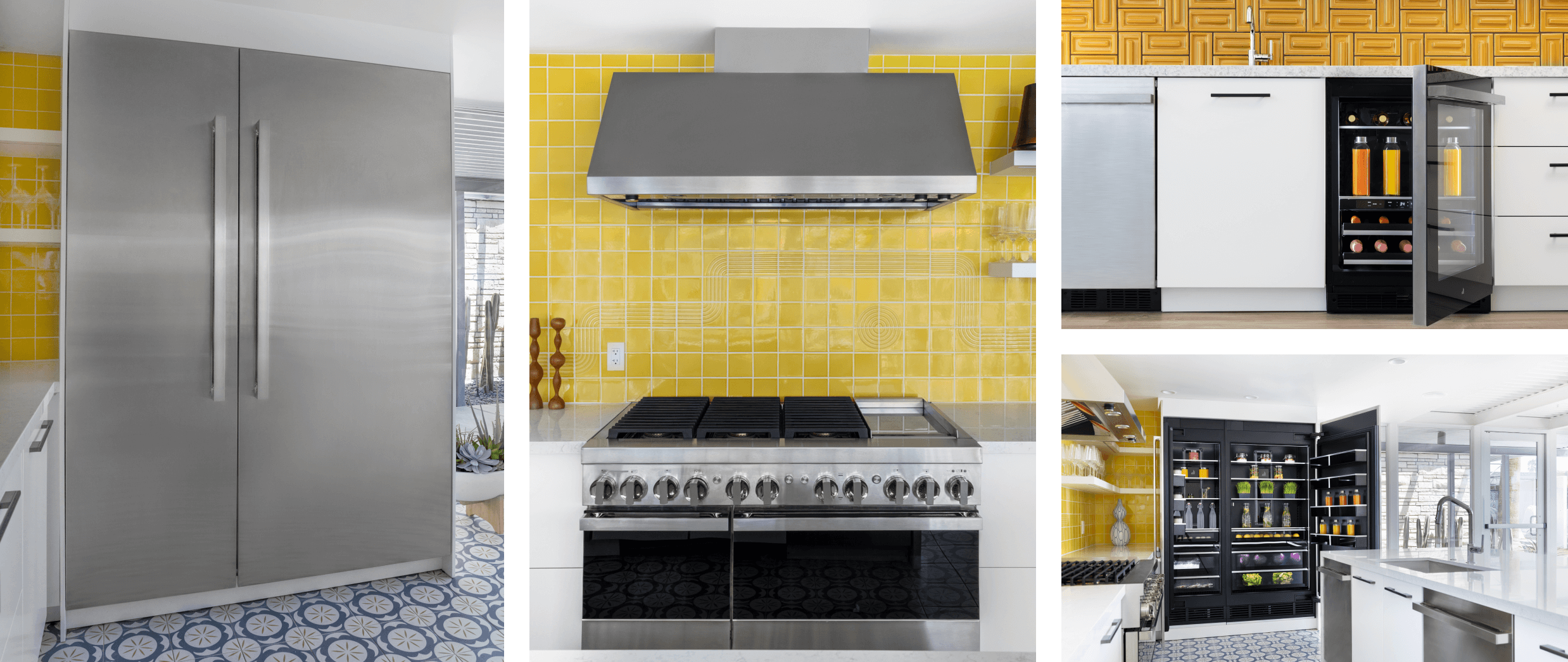 A collage of images including a pair of JennAir® NOIR™ Columns in a kitchen; a JennAir® NOIR™ Professional Range and Commercial Hood in a kitchen with a yellow backsplash; JennAir® Undercounter Refrigeration products; a whole-kitchen view featuring a pair of open JennAir® Columns with an Obsidian Interior.