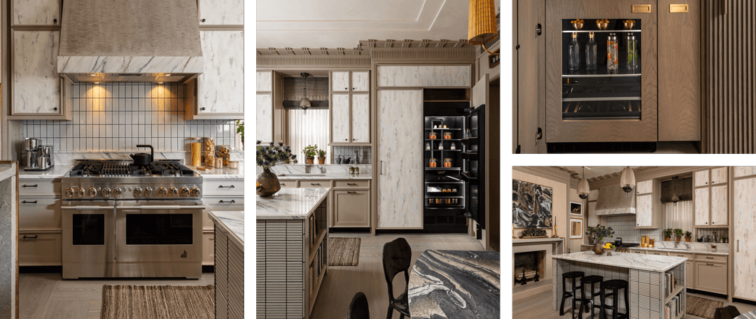 A collage of images including an image of the kitchen featuring a JennAir® Range; an image of the kitchen featuring two JennAir® Columns; a close up of a JennAir® Beverage Center fitted with custom wooden panels; a complete view of the kitchen’s design.