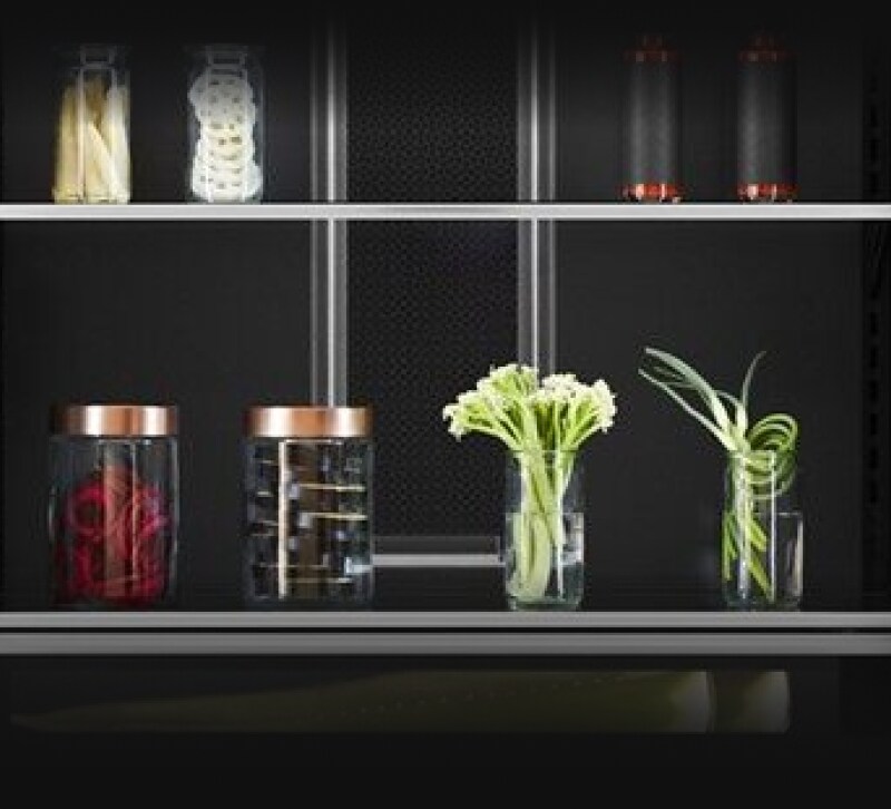 Fine ingredients on the glass and metal shelves inside of a Column.