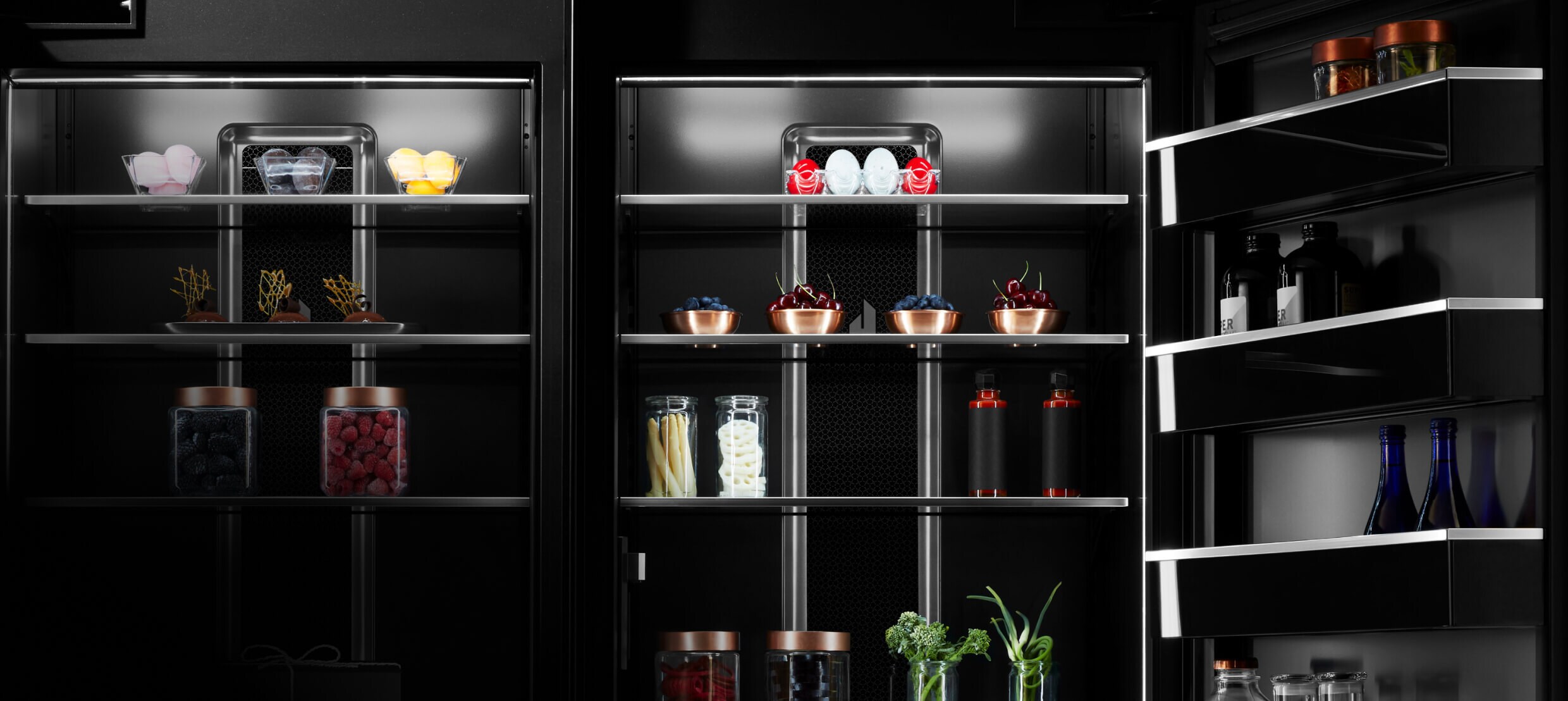 The interior of two Columns, filled with fine ingredients and luxury dishware. 