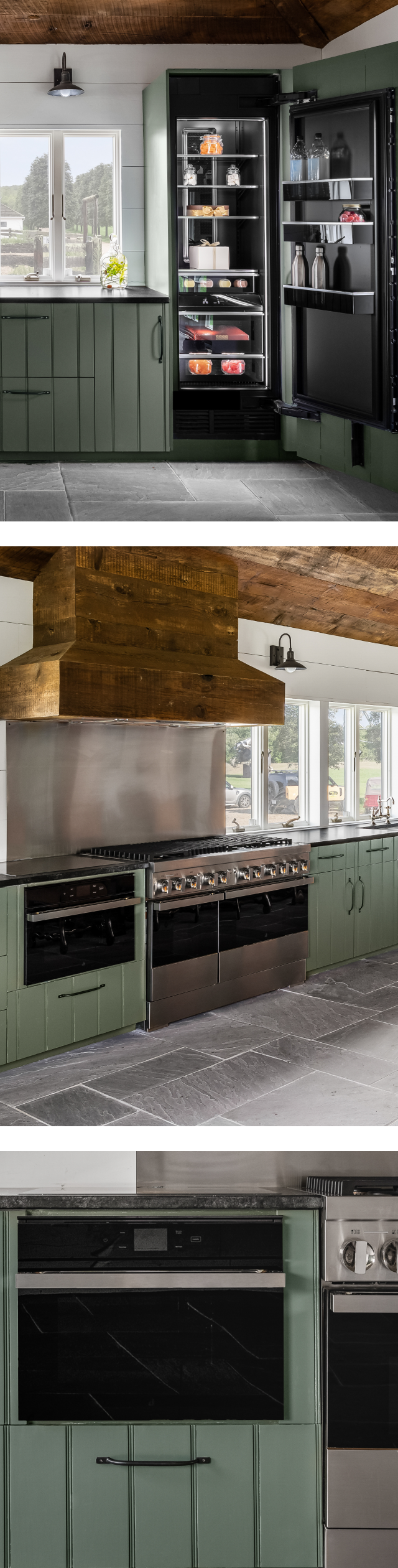 A collage of images including a view of the main bank of cabinets, featuring a panel-ready beverage center and a column refrigerator; another view of the kitchen, featuring a wall oven and range; a close up view of a wall oven.
