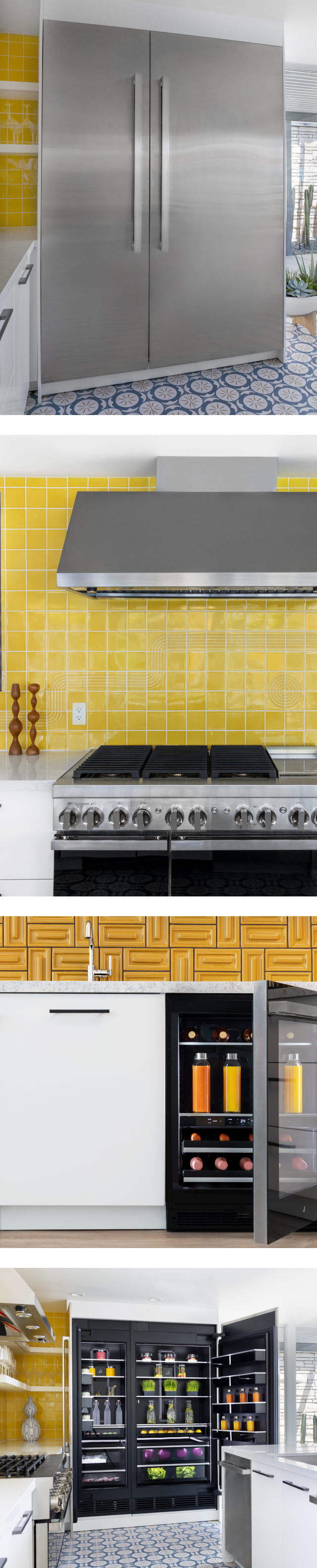 A collage of images including a pair of JennAir® NOIR™ Columns in a kitchen; a JennAir® NOIR™ Professional Range and Commercial Hood in a kitchen with a yellow backsplash; JennAir® Undercounter Refrigeration products; a whole-kitchen view featuring a pair of open JennAir® Columns with an Obsidian Interior.