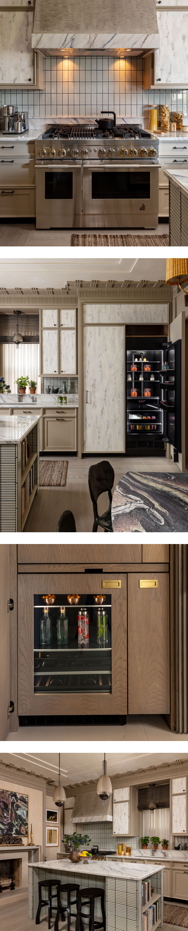 A collage of images including an image of the kitchen featuring a JennAir® Range; an image of the kitchen featuring two JennAir® Columns; a close up of a JennAir® Beverage Center fitted with custom wooden panels; a complete view of the kitchen’s design.