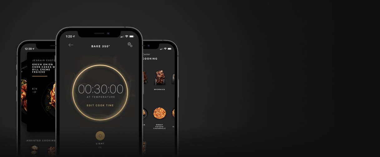 A series of 3 phones showing timers, recipes and more on the JennAir® App.