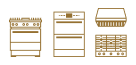 A series of three icons depicting a range, wall oven, and vent hood over a rangetop.
