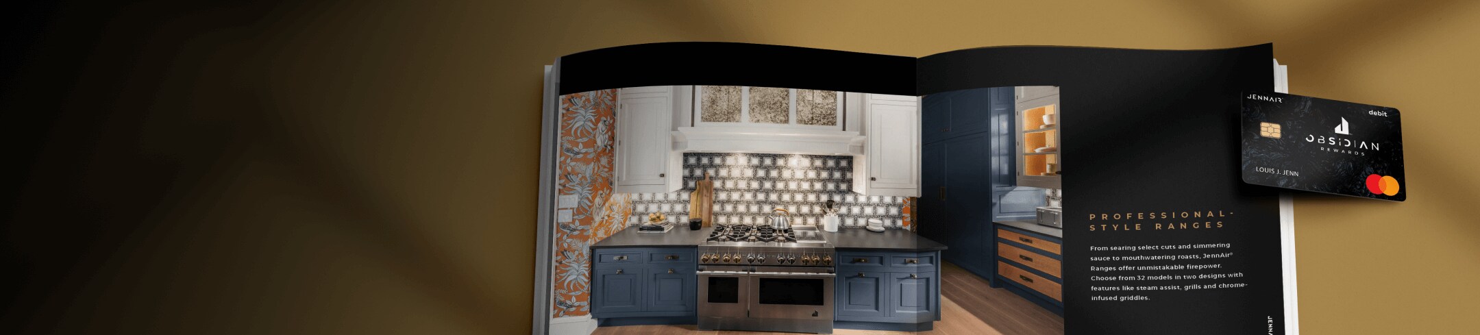 An open lookbook with an Obsidian Rewards debit card overlaid.