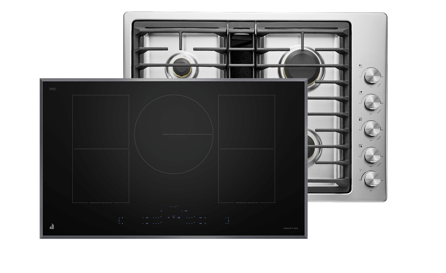 A JennAir® Lustre Induction Cooktop and a JennAir® Lustre Gas Cooktop. A JennAir® Lustre Induction Cooktop and a JennAir® Lustre Gas Cooktop.